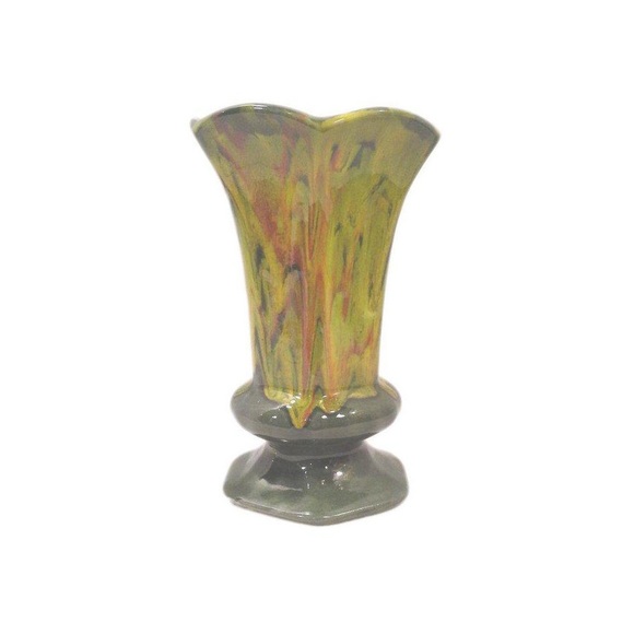 Mid-Century Olive Green Yellow Drip Glaze Ceramic Vase California Pottery 12”H